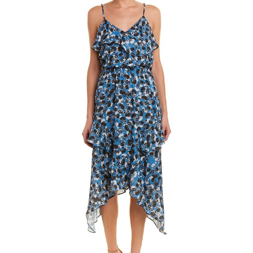 Parker Ruffle Floral Asymmetrical Hem Midi Dress